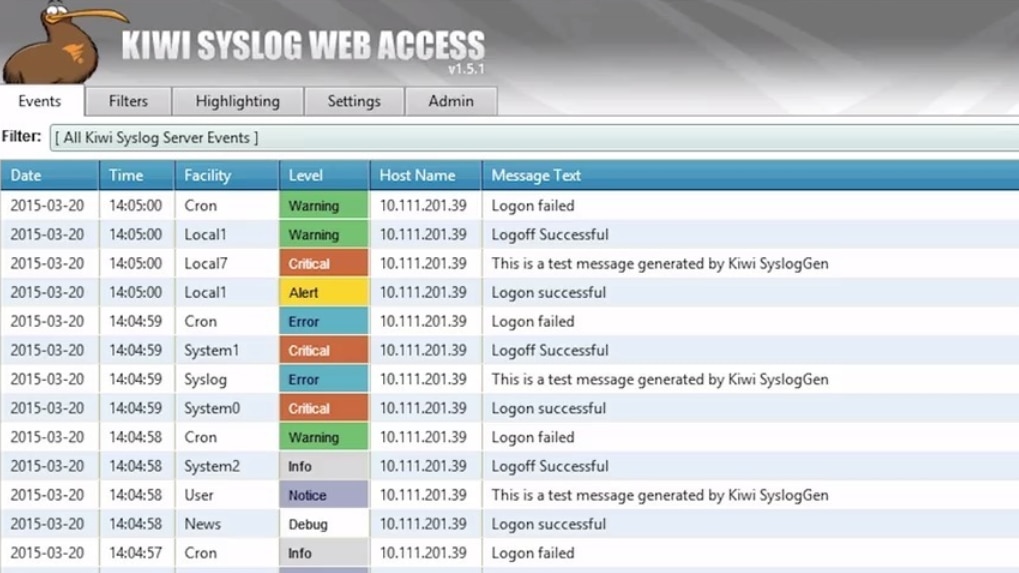 Kiwi Syslog web access screenshot for Windows Event log monitoring